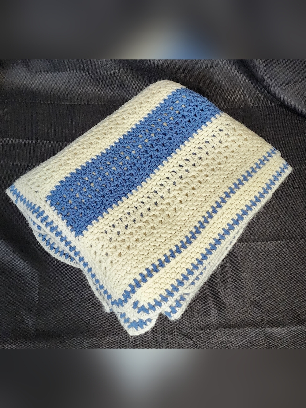 Handmade Crochet Blanket in Cream and Blue